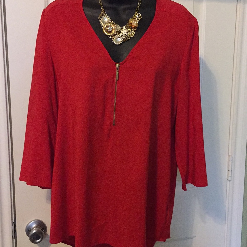 Light as air red silky tunic top with zipper